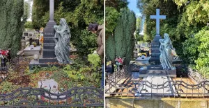 Grób Rudolpha Bukowskiego na cmentarzu komunalnym w Cieszynie przed i po renowacji