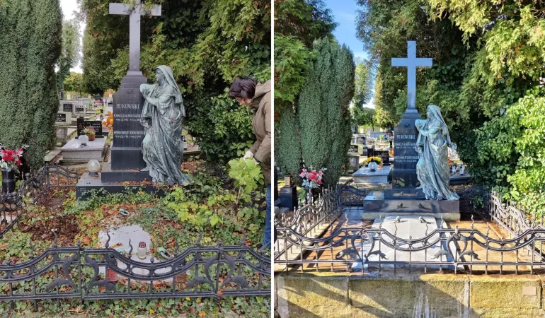 Grób Rudolpha Bukowskiego na cmentarzu komunalnym w Cieszynie przed i po renowacji